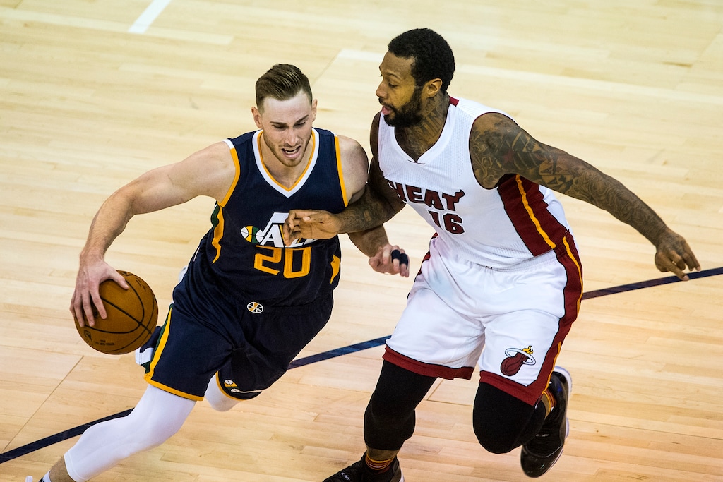 Chris Detrick | The Salt Lake Tribune
Utah Jazz forward Gordon Hayward (20) runs around Miami Heat forward James Johnson (16) during the game at Vivint Smart Home Arena Thursday December 1, 2016. Miami won the game 111-110.