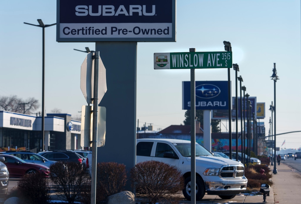 (Leah Hogsten | The Salt Lake Tribune)  Mark Miller Subaru car dealership, shown on Feb. 1, 2023, in South Salt Lake. The city has approved an expansion but has scaled back the size of it.