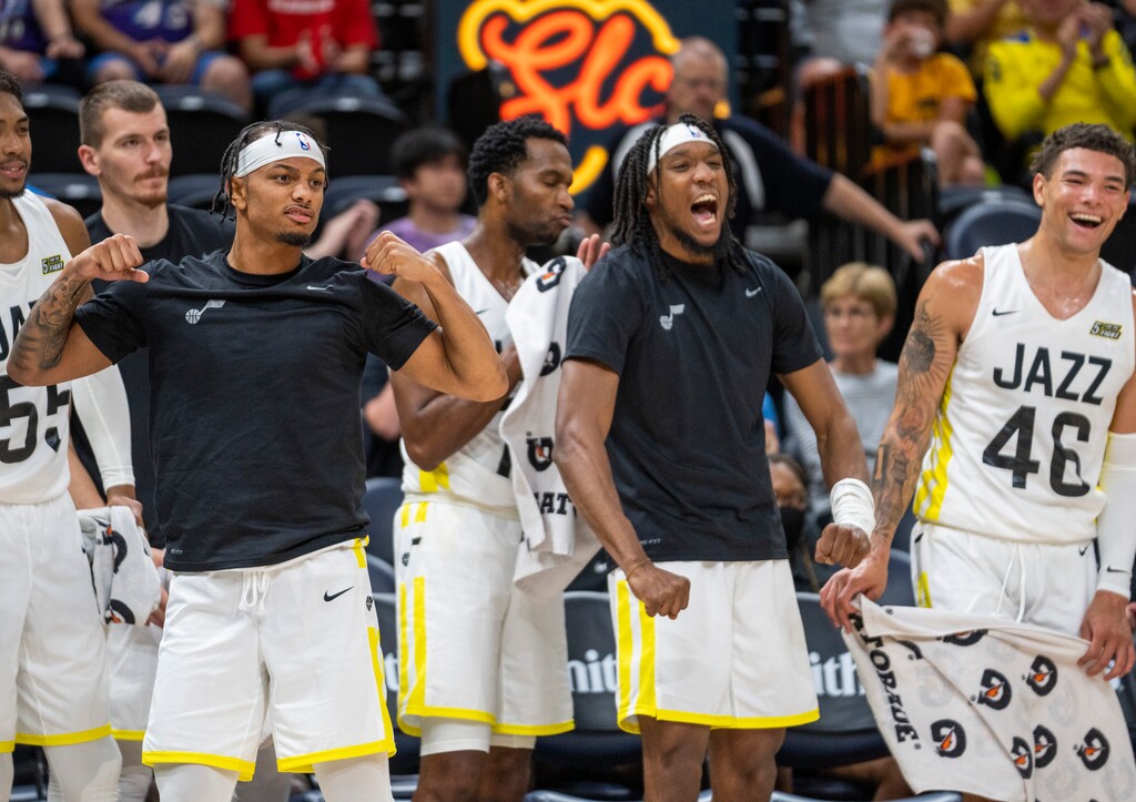 (Rick Egan | The Salt Lake Tribune)   The Utah Jazz bench reacts after a big play in Jazz Summer League action, between the Utah Jazz and the Philadelphia 76ers, at Vivint Arena, on Wednesday, July 6, 2022.