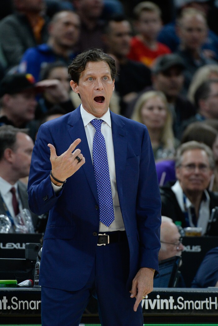 (Francisco Kjolseth  |  The Salt Lake Tribune)  Utah Jazz head coach Quin Snyder shouts to his team in the first half of their NBA game at Vivint Smart Home Arena Monday, Jan. 14, 2019, in Salt Lake City against the Pistons.