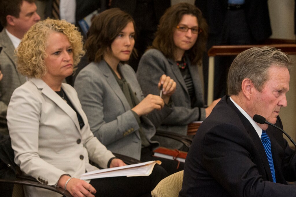 (Rick Egan  |  Tribune file photo)  Salt Lake City Mayor Jackie Biskupski and City Councilwoman Erin Mendenhall listen as Sen. Jerry Stevenson answers questions about the inland port in a hearing during the 2018 legislative session.