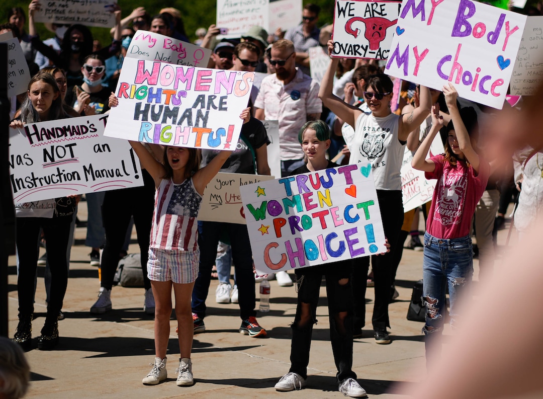 (Francisco Kjolseth | The Salt Lake Tribune) Protesters gather at the Utah Capitol for a “Bans Off Our Beehive” rally in support of abortion rights on Saturday, May 14, 2022.
