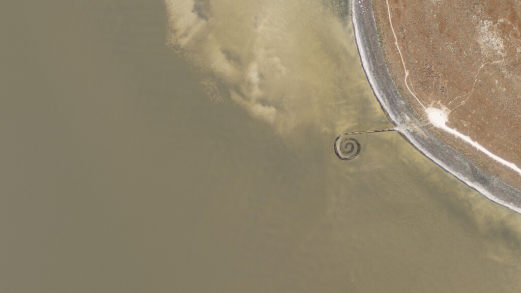 (Planet) A satellite image of the Spiral Jetty, in the north end of the Great Salt Lake, taken on July 3, 2011.