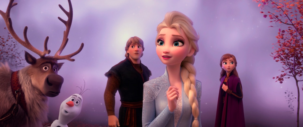 This image released by Disney shows characters, from left, Sven, Olaf, voiced by Josh Gad, Kristoff, voiced by Jonathan Groff, Elsa, voiced by Idina Menzel, and Anna, voiced by Kristen Bell, in a scene from "Frozen 2," in theaters on Nov. 22. (Disney via AP)