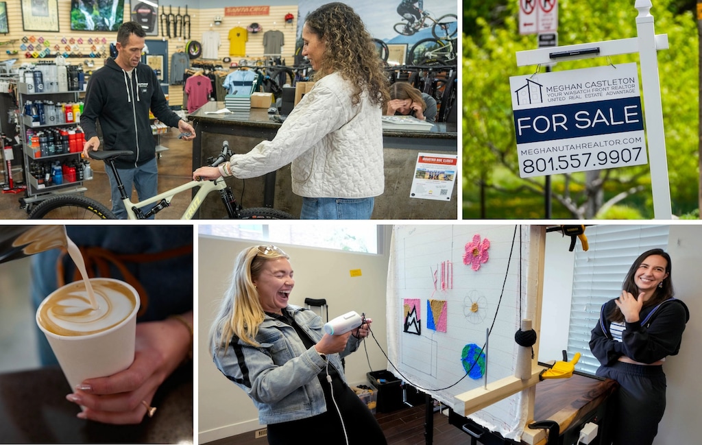 (Rick Egan, Francisco Kjolseth | The Salt Lake Tribune) Clockwise from top left: a bicycle purchase at Guthrie Bicycle; a home for sale in Salt Lake City; rug tufting at the Rug Lounge SLC; and a coffee order at Buzzed Coffeehouse.