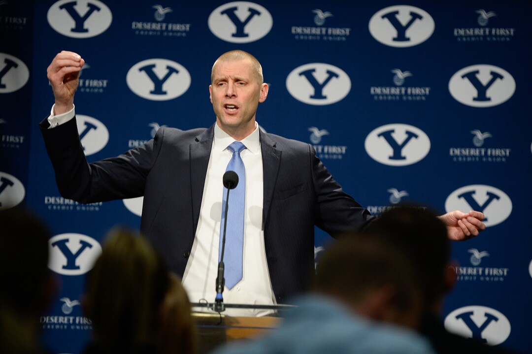 (Francisco Kjolseth  |  The Salt Lake Tribune)  Mark Pope takes questions from the media after being announced as BYU's new head basketball coach during a press event at the BYU broadcasting building on Wed. April 10, 2019.