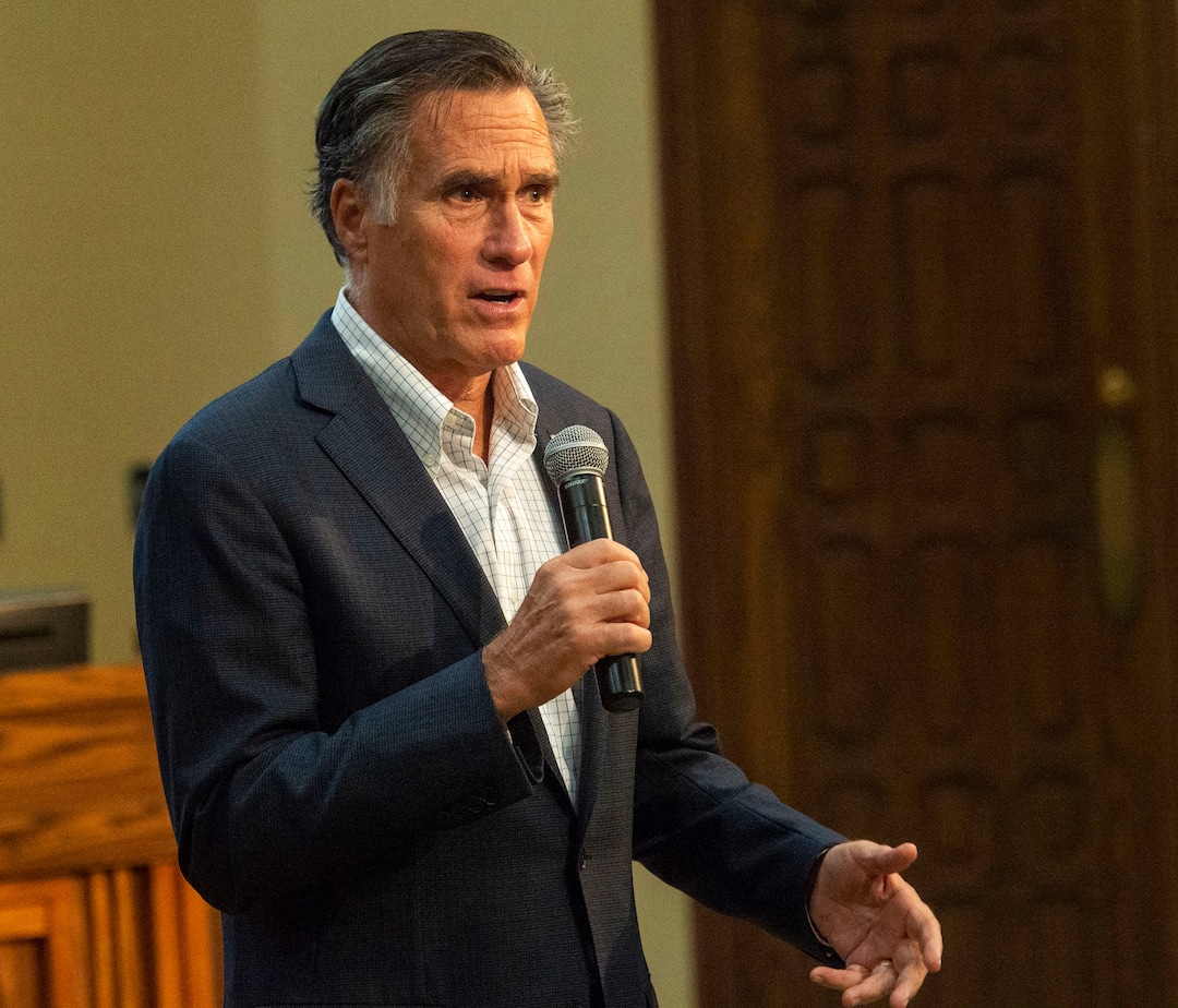 (Rick Egan  |  The Salt Lake Tribune)       Mitt Romney speaks during a town hall meeting at the Provo City Hall Council Chambers, Friday, June 21, 2019.
