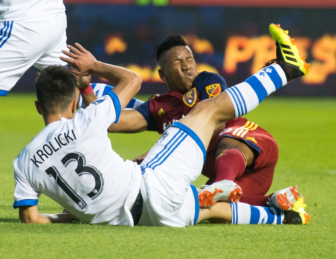 (Rick Egan  |  The Salt Lake Tribune)     Real Salt Lake forward Joao Plata (10) collides with Montreal Impact midfielder Ken Krolicki (13), in MLS action between Real Salt Lake and Montreal Impact, at Rio Tinto Stadium in Sandy, Saturday, Aug. 11, 2018.