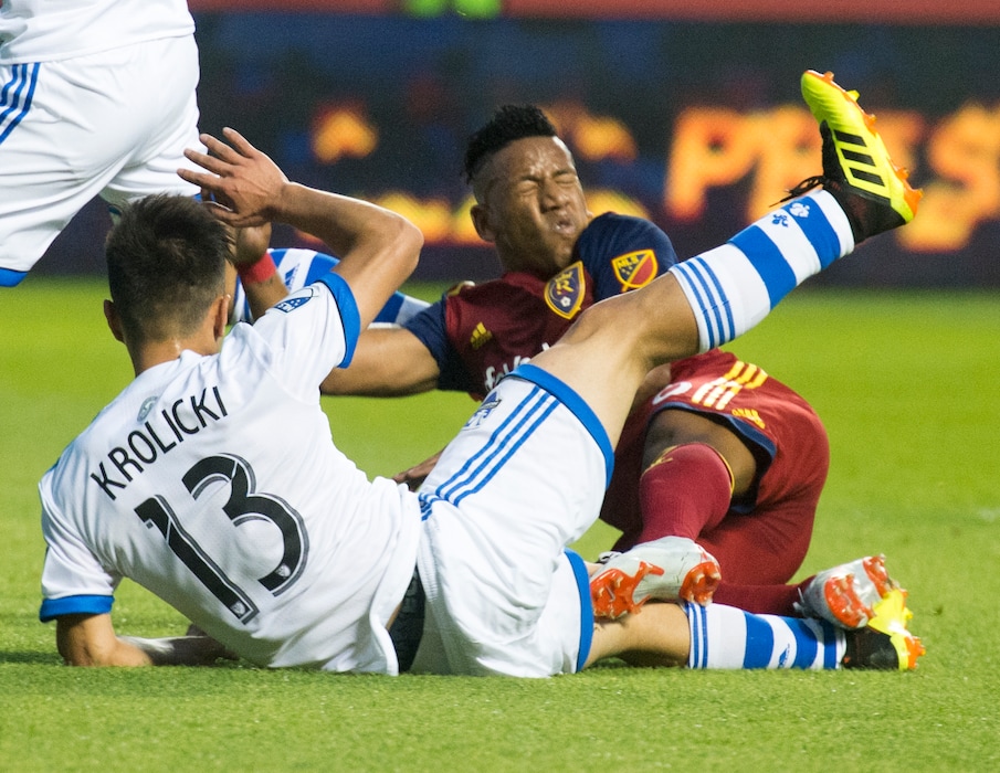 (Rick Egan  |  The Salt Lake Tribune)     Real Salt Lake forward Joao Plata (10) collides with Montreal Impact midfielder Ken Krolicki (13), in MLS action between Real Salt Lake and Montreal Impact, at Rio Tinto Stadium in Sandy, Saturday, Aug. 11, 2018.