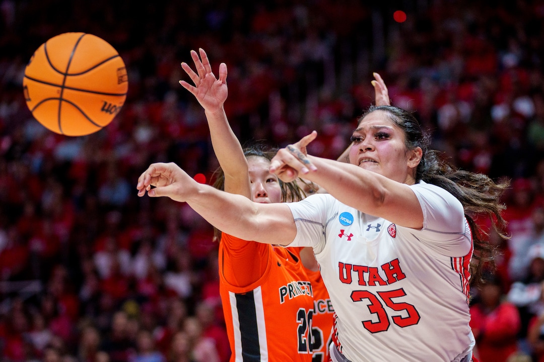 (Trent Nelson  |  The Salt Lake Tribune) Utah Utes forward Alissa Pili (35) passes as Utah hosts Princeton, NCAA basketball in Salt Lake City on Sunday, March 19, 2023.