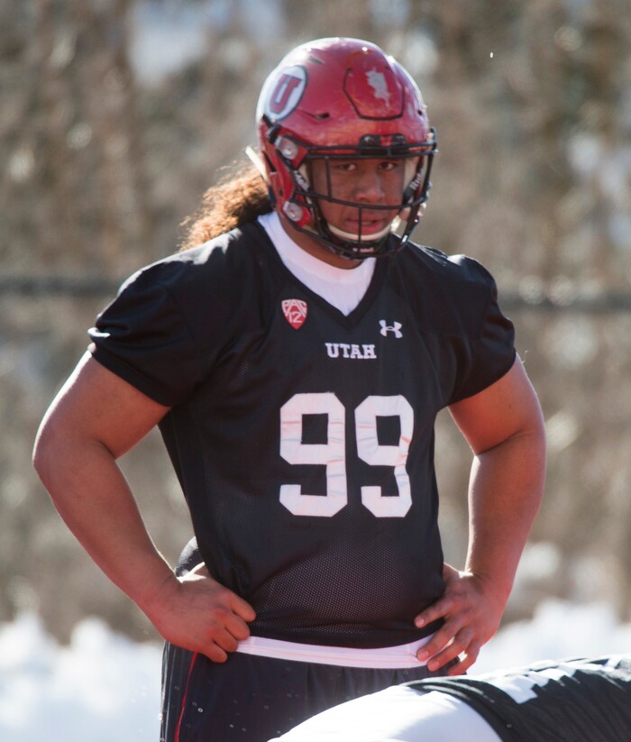 (Rick Egan  |  The Salt Lake Tribune)    Utah defensive lineman Leki Fotu, works out with the team, on the first day of Spring practice, Monday, March 5, 2018.


