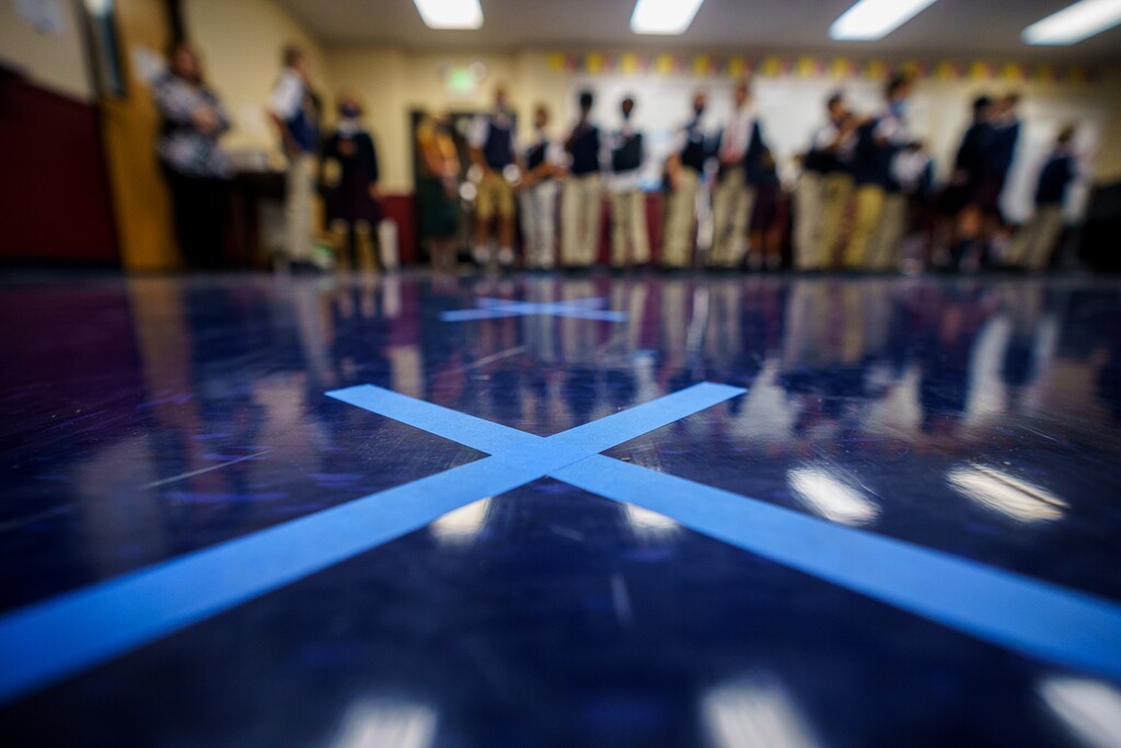 (Trent Nelson  |  The Salt Lake Tribune) Students wait to be tested for COVID-19 at American Preparatory Academy in Draper on Tuesday, Sept. 14, 2021.
