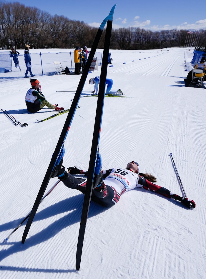 (Francisco Kjolseth | The Salt Lake Tribune) Sydney Palmer-Leger of the University of Utah catches her breath after competing in the women’s 5K classic in the NCAA Skiing Championships held at the Soldier Hollow Nordic Center on Thursday, March 10, 2022 in Midway, Utah.
