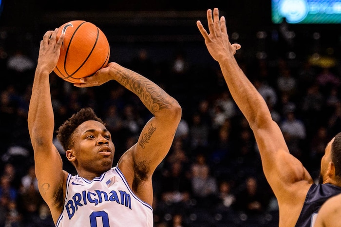 (Trent Nelson | The Salt Lake Tribune)   Brigham Young Cougars guard Jahshire Hardnett (0) shoots as BYU hosts San Diego, NCAA basketball in Provo Saturday January 20, 2018.