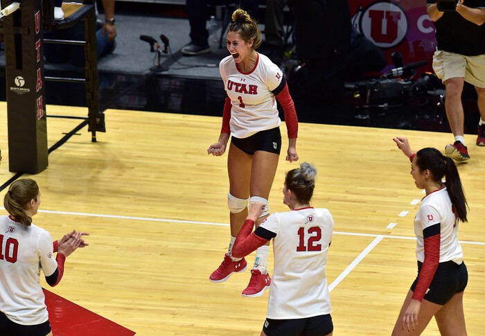 (Scott Sommerdorf   |  The Salt Lake Tribune)   Utah's Dani Barton jumps as she celebrates the winning match point to give Utah the win over Purdue. Utah beat Purdue three sets to one in the second round of the NCAA volleyball tournament, Friday, December 1, 2017.  