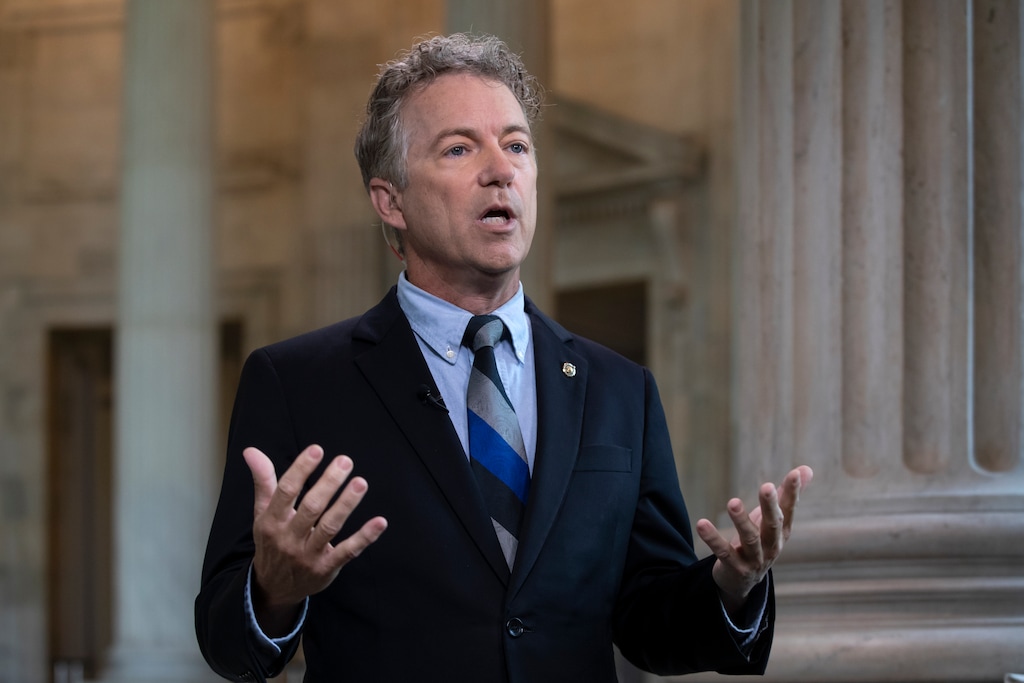 FILE - In this July 17, 2018, file photo, Sen. Rand Paul, R-Ky., speaks during a television interview as he defends President Donald Trump and his Helsinki news conference with Russian President Vladimir Putin on Capitol Hill in Washington. Paul announced Saturday that he supports a resolution that would block Trump's declaration of a national emergency to build his long-promised U.S.-Mexico border wall. (AP Photo/J. Scott Applewhite, File)