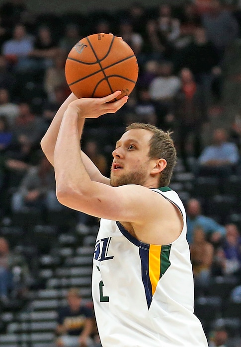 Utah Jazz forward Joe Ingles shoots against the Adelaide 36ers during the first half during an NBA exhibition basketball game Friday, Oct. 5, 2018, in Salt Lake City. (AP Photo/Rick Bowmer)