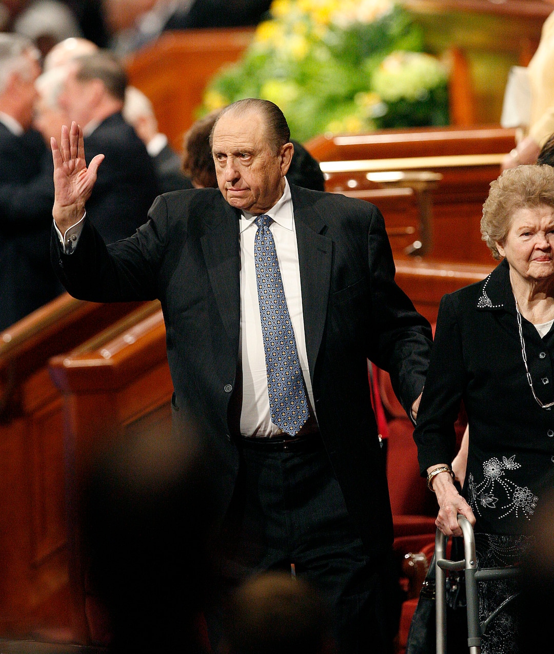 (Scott Sommerdorf  |  The Salt Lake Tribune) President Thomas S. Monson waves to the attendees as he leaves the morning session of the 181st Annual LDS General Conference on April 2, 2011.