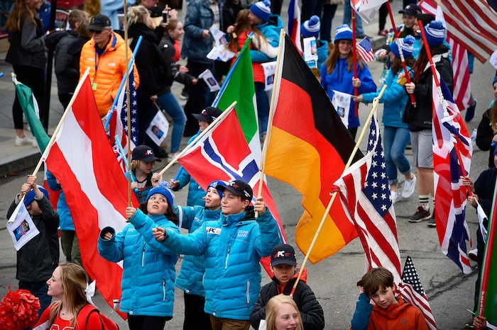 Scott Sommerdorf | The Salt Lake Tribune
Park City's Olympic and Paralympic parade heads down Main Street, Friday, April 6, 2018. The parade celebrates the accomplishments of Park City-based Olympians. Local athletes wrapped up the PyeongChang Winter Games by earning one silver and two bronze medals.
