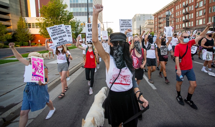 (Rick Egan  |  The Salt Lake Tribune)  Protesters  dance in downtown Salt Lake City, during the Dance Dance Revolution protest for racial equality, on Sunday, Aug. 9, 2020.