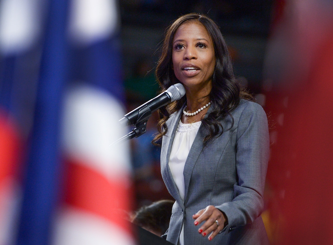 (Leah Hogsten  |  The Salt Lake Tribune) Mia Love, Representative for Utah's 4th Congressional District, addresses the delegates at the Utah Republican Nominating Convention Saturday, April 21, 2018 at the Maverik Center. 