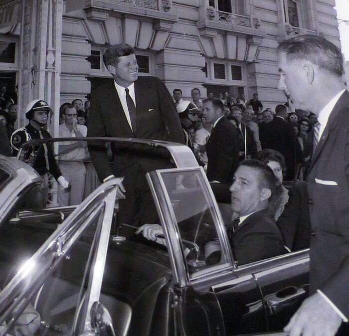 photo courtesy Utah State Historical Society
John F. Kennedy leaves the Hotel Utah before giving a speech at Temple Square on September 26, 1963.