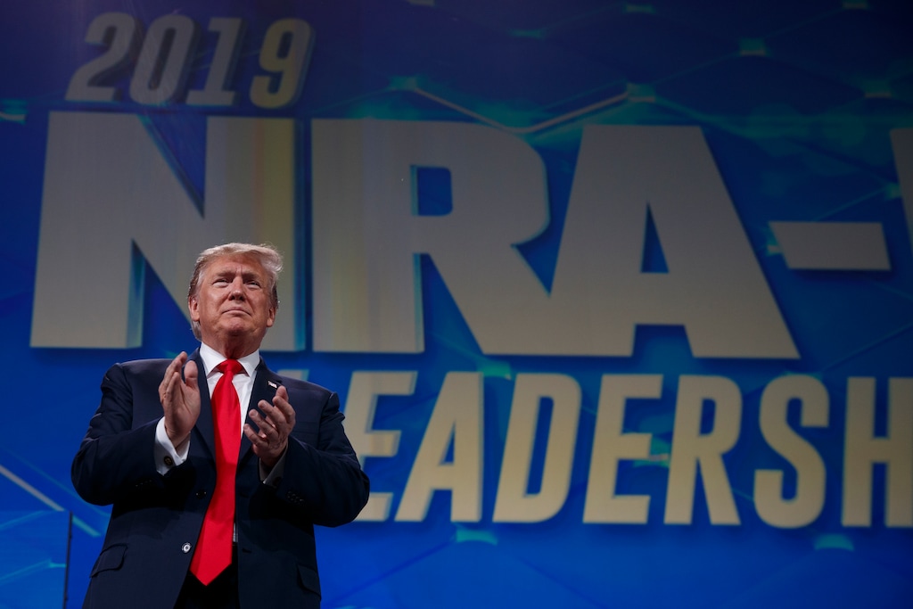 (Evan Vucci | Associated Press file photo)  President Donald Trump arrives to speak to the annual meeting of the National Rifle Association, Friday, April 26, 2019, in Indianapolis.
