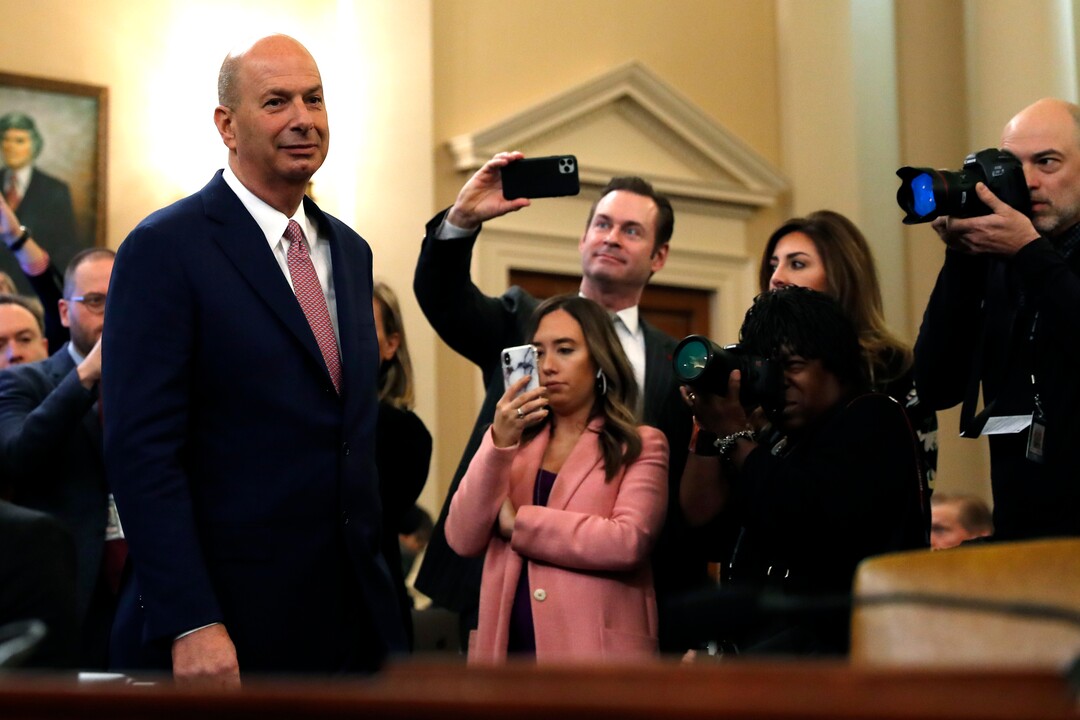 (Andrew Harnik  |  AP photo) U.S. Ambassador to the European Union Gordon Sondland arrives to testify before the House Intelligence Committee on Capitol Hill in Washington, Wednesday, Nov. 20, 2019, during a public impeachment hearing of President Donald Trump's efforts to tie U.S. aid for Ukraine to investigations of his political opponents. 