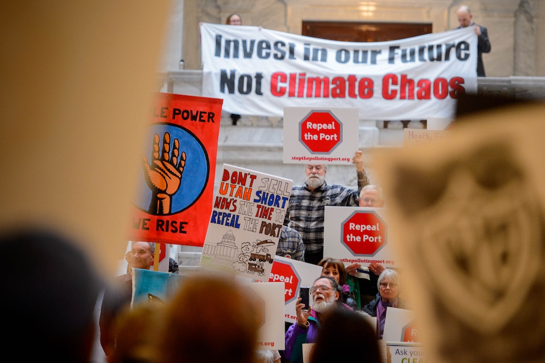 (Trent Nelson  |  The Salt Lake Tribune) A rally against the Inland Port at the state Capitol in Salt Lake City on Monday, Feb. 3, 2020.