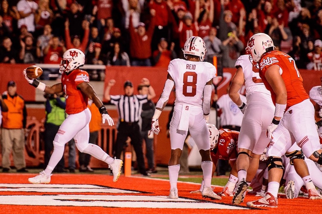 (Trent Nelson | The Salt Lake Tribune)  Utah Utes running back Zack Moss (2) scores a touchdown as the University of Utah hosts Stanford, NCAA football at Rice-Eccles Stadium in Salt Lake City Saturday October 7, 2017.