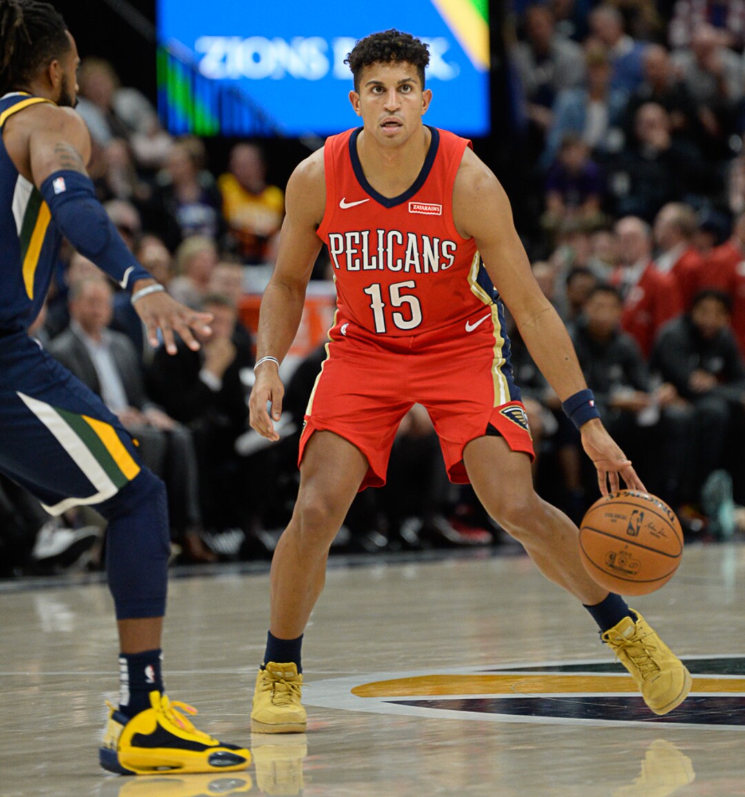 (Francisco Kjolseth  |  The Salt Lake Tribune)  Former Lone Peak High School player New Orleans Pelicans guard Frank Jackson (15) looks for an opening as the Utah Jazz host the New Orleans Pelicans in their NBA basketball game at Vivint Smart Home Arena in Salt Lake City on Sat. Nov. 23, 2019.
