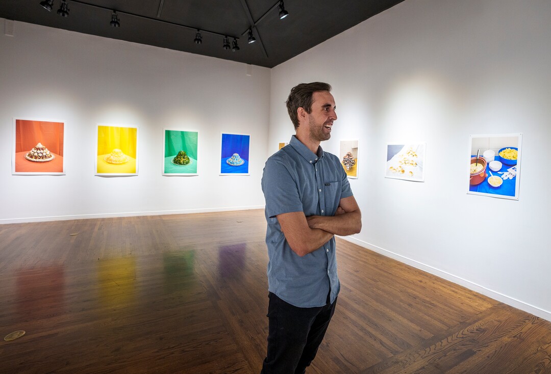 (Leah Hogsten | The Salt Lake Tribune) "Marrow" a photo exhibit by Daniel George  examines the culinary and cultural heritage of members of The Church of Jesus Christ of Latter-day Saints, Sept. 3 2021. George recreated and photographed dishes from Ward Cookbooks, including Funeral Potatoes, Casseroles, Jello creations, turning food into folk art.