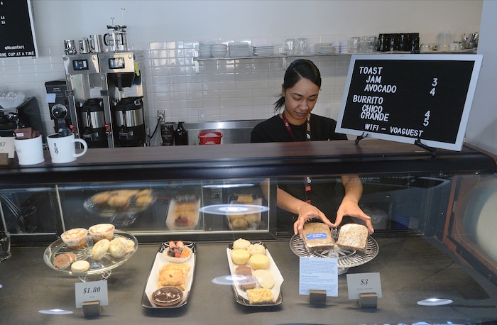 (Al Hartmann  |  The Salt Lake Tribune) 	
Manager Kiara Polee stocks the pastry case at Maud's Cafe, 422 W. 900 South, Salt Lake City. The cafe-coffee shop gives youth living at VOA's shelter a chance to gain work experience and a little money before taking on the world.