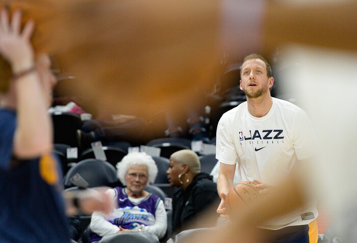 (Francisco Kjolseth  |  The Salt Lake Tribune)  Utah Jazz forward Joe Ingles (2) warms up before the start of their game against the Oklahoma City Thunder at Vivint Smart Home Arena in Salt Lake City on Mon. Dec. 9, 2019.