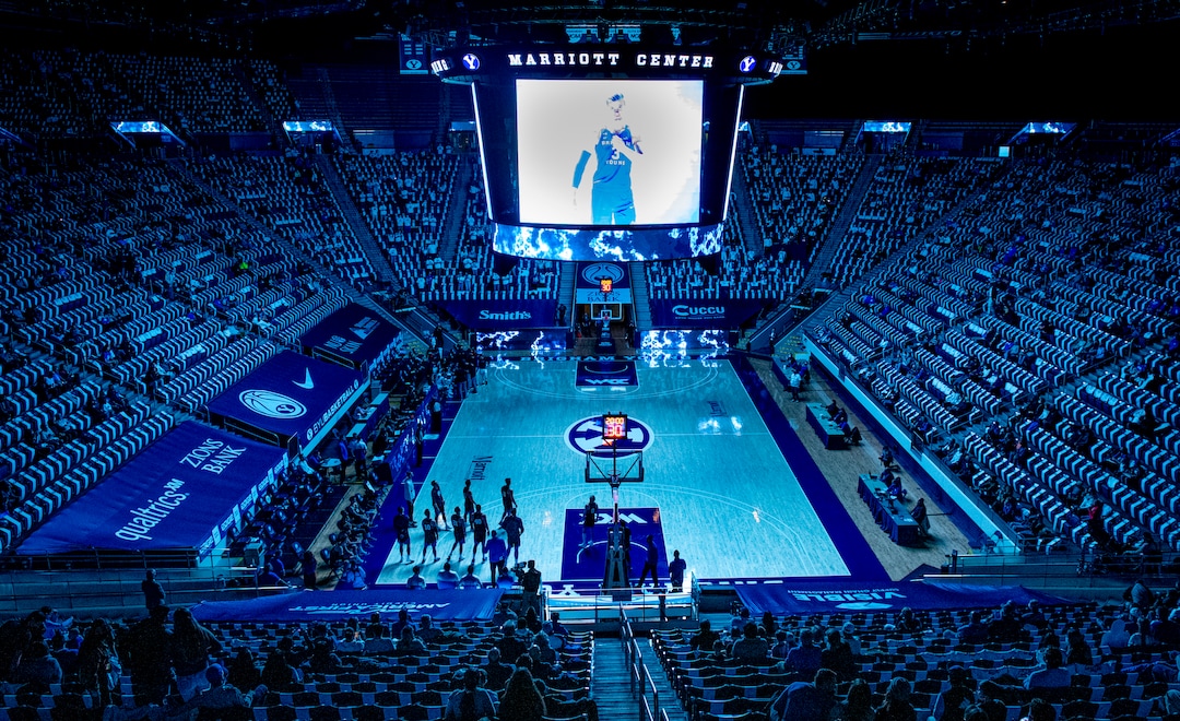 (Isaac Hale | Special to The Tribune) Brigham Young University’s starting lineups are announced before a game between the BYU Cougars and the Saint Mary’s College of California Gaels held at the Marriott Center in Provo on Saturday, Feb. 27, 2021.