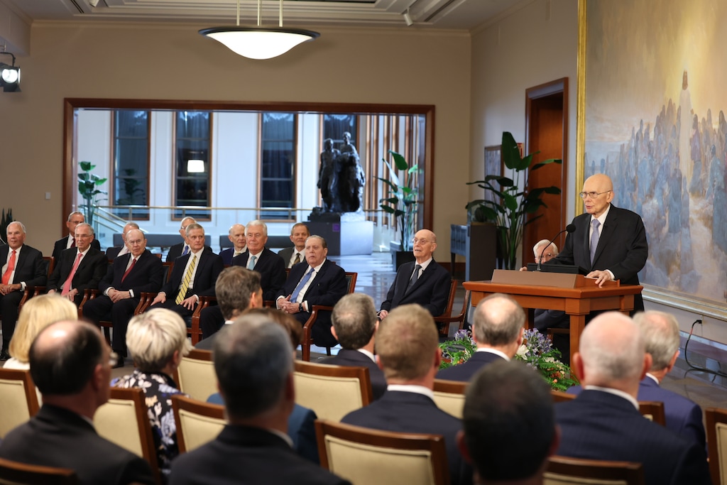 (The Church of Jesus Christ of Latter-day Saints) President Dallin H. Oaks gives remarks during an event announcing the reorganization of the First Presidency of the church at an event in Salt Lake City, Tuesday, Oct. 14, 2025.