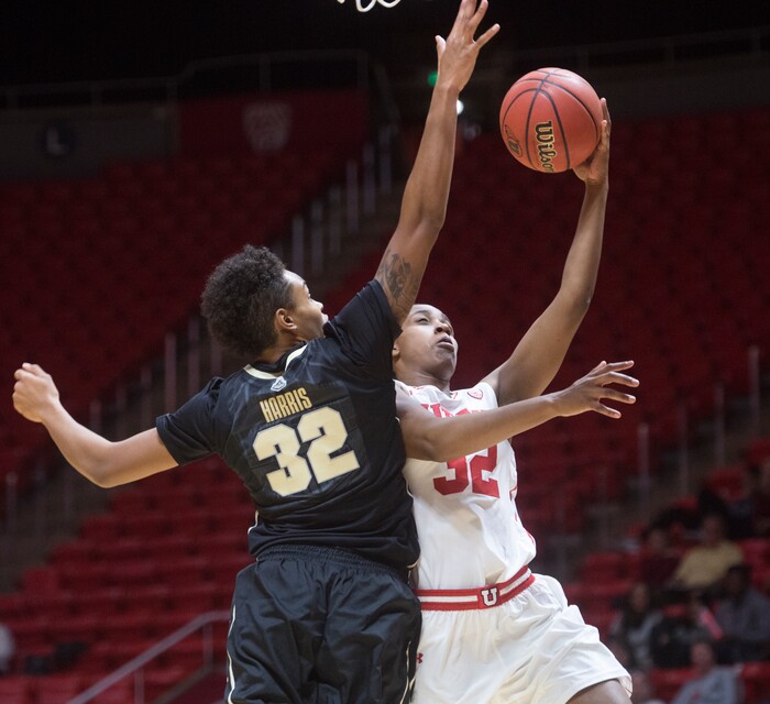 (Rick Egan  |  The Salt Lake Tribune)  Utah Utes forward Tanaeya Boclair (32) takes the ball to the hoop, as Purdue Jon M. Huntsman Center, Monday, Nov. 20, 2017.
