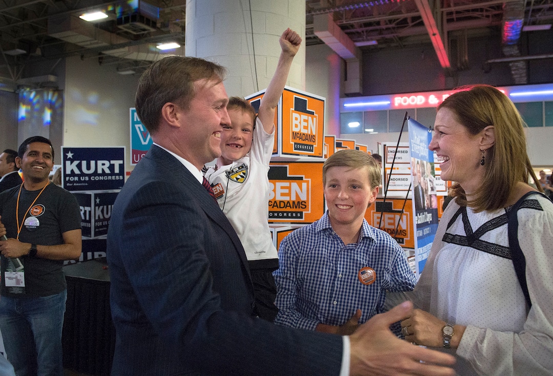 (Scott Sommerdorf | The Salt Lake Tribune)
Ben McAdams and his family celebrate just after it was announced that he had won his race at the Democratic convention, Saturday, April 28, 2018 at the Salt Palace Convention Center in Salt Lake City, Utah. McAdams' son Isaac McAdams raises his fist in victory as James and Julie McAdams react.