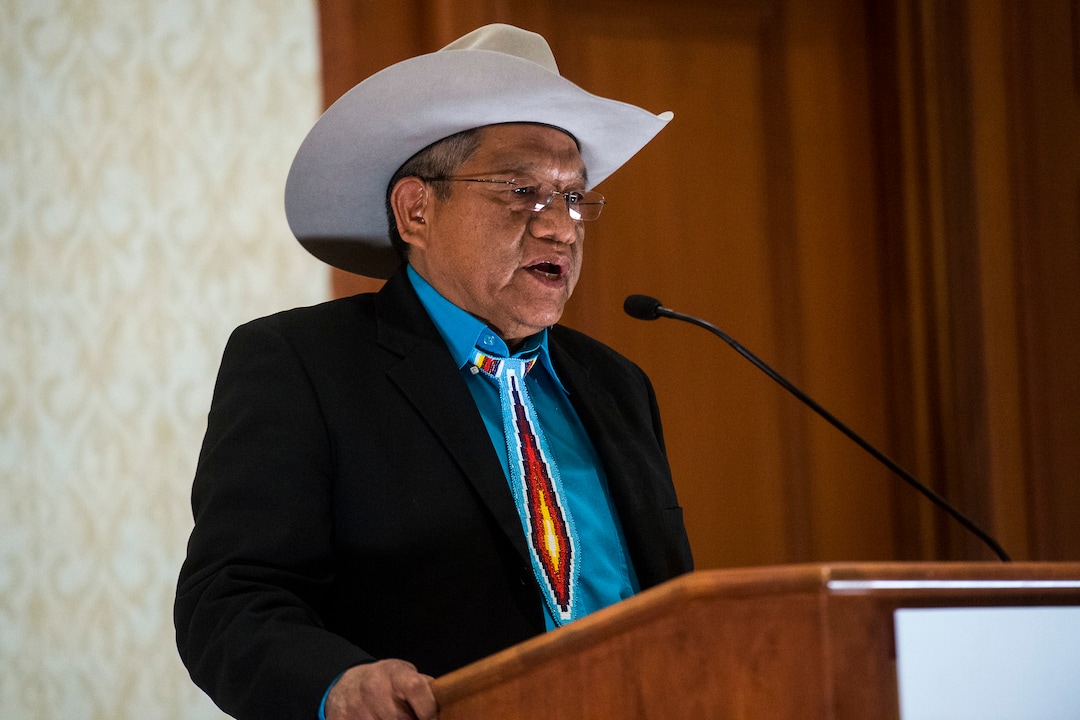 (Chris Detrick  |  The Salt Lake Tribune) Harold Cuthair, Chairman of Ute Mountain Ute Tribe, speaks during a press conference at the Salt Lake Marriott City Center Monday, December 4, 2017.  