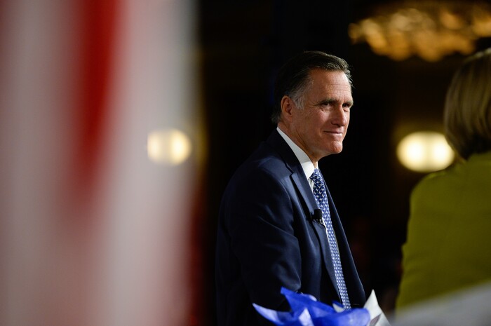 (Francisco Kjolseth  |  The Salt Lake Tribune)  Mitt Romney speaks at the Utah Economic Outlook & Policy Summit 2018, hosted by the Salt Lake Chamber at the Salt Lake City Marriott Downtown at City Creek on Tuesday, Jan. 16, 2018. 