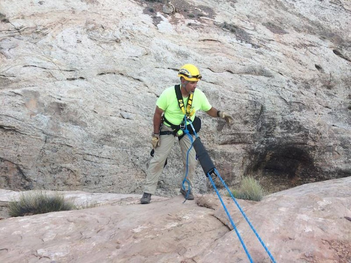 (Courtesy  |  Emery County Sheriff)  A Salt Lake County woman is recovering after being wedged in and suspended for nearly 12 hours in a narrow portion of Zero Gravity Canyon in the San Rafael Desert.