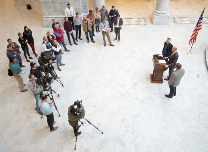 (Rick Egan  |  The Salt Lake Tribune)  Sen. Dan Hemmert talks about the possibility of Mitt Romney running for Senate, at a media conference, at the Utah State Capitol, Monday, November 13, 2017.




