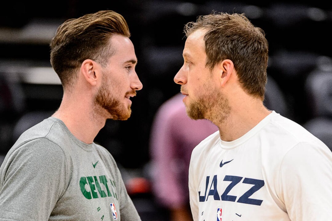 (Trent Nelson | The Salt Lake Tribune)  Boston Celtics forward Gordon Hayward (20) and Utah Jazz forward Joe Ingles (2). Utah Jazz vs. Boston Celtics, NBA basketball in Salt Lake City on Friday Nov. 9, 2018.