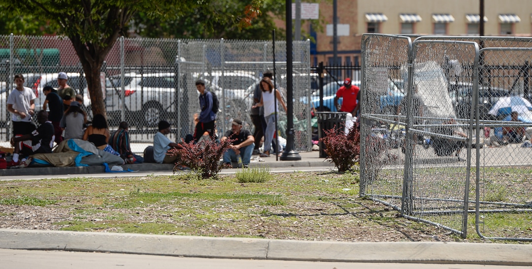 Francisco Kjolseth | The Salt Lake TribuneA chain link fence has been erected in the Rio Grande area on the north end of 500 West near the homeless shelter to keep people from camping in the median on Friday, July 28, 2017. It is unclear if more fencing will be added. 