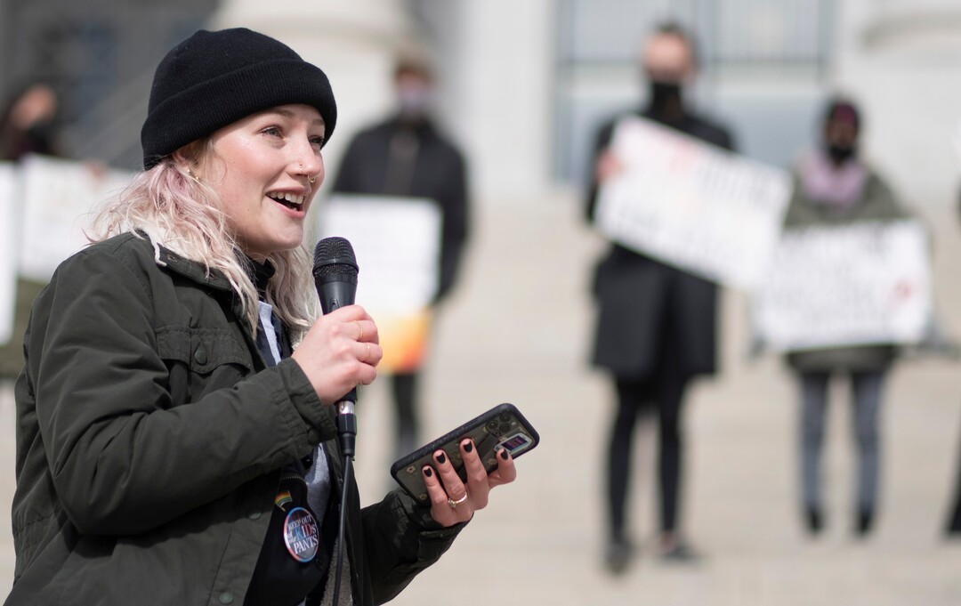 (Rick Egan | The Salt Lake Tribune)  Ocean speaks during a rally on the steps of the Capitol to speak out against Rep. Kera Birkeland's transgender sports bill, on Friday, Feb. 25, 2022.