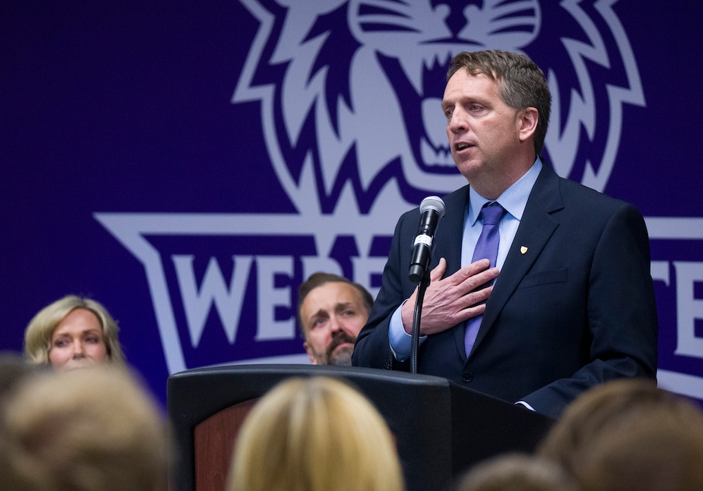 (Bethany Baker | The Salt Lake Tribune) Incoming Weber State University President Chris Mallett speaks during a press conference as the Utah Board of Higher Education announces his appointment at Weber State University on Thursday, May 21, 2026.