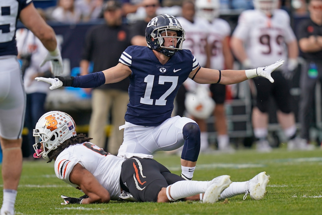BYU defensive back Matthew Criddle (17) celebrates after breaking up a pass to Idaho State wide receiver Jared Scott in the first half during an NCAA college football game Saturday, Nov. 6, 2021, in Provo, Utah. (AP Photo/Rick Bowmer)