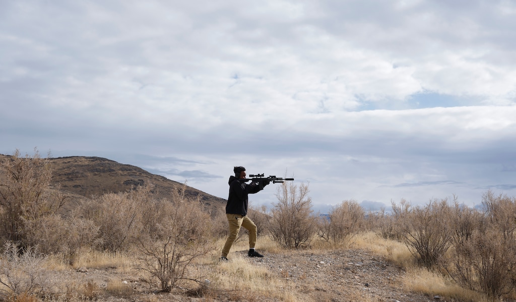 (Lindsay D'Addato | The New York Times)
Joseph Osse, who posts under the name Grazien Brann, fires one of his weapons for a video for social media, in Grantsville, Utah, west of Salt Lake City, Nov. 18, 2024. Firearms are not immune to influencer culture, and creators known as guntubers are delving into everything from how to build an AR-15 rifle to how to shoot it safely.