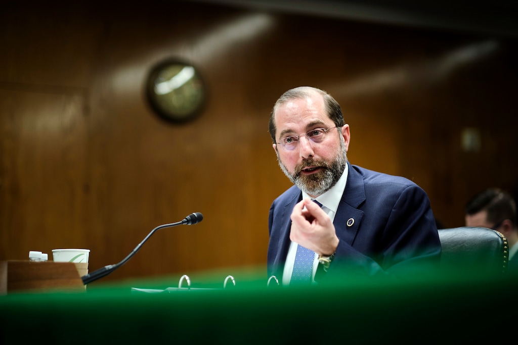 (T.J. Kirkpatrick | The New York Times) Health and Human Services Secretary Alex Azar testifies before a Senate subcommittee in Washington on Tuesday, Feb. 25, 2020. Lawmakers from both parties made it clear they were unconvinced the Trump administration is prepared for the coronavirus outbreak that the Centers for Disease Control and Prevention is forecasting.