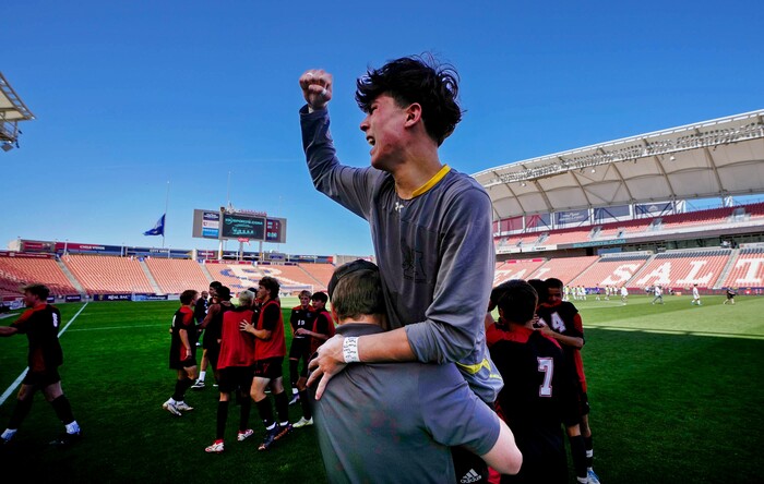 (Francisco Kjolseth | The Salt Lake Tribune) Alta goalie Thiago Moreira (1) celebrates their 5A State Soccer Championship title over Lehi at Rio Tinto Stadium, Wednesday, May 25, 2022. Alta defeated Lehi in shootout 3-1.